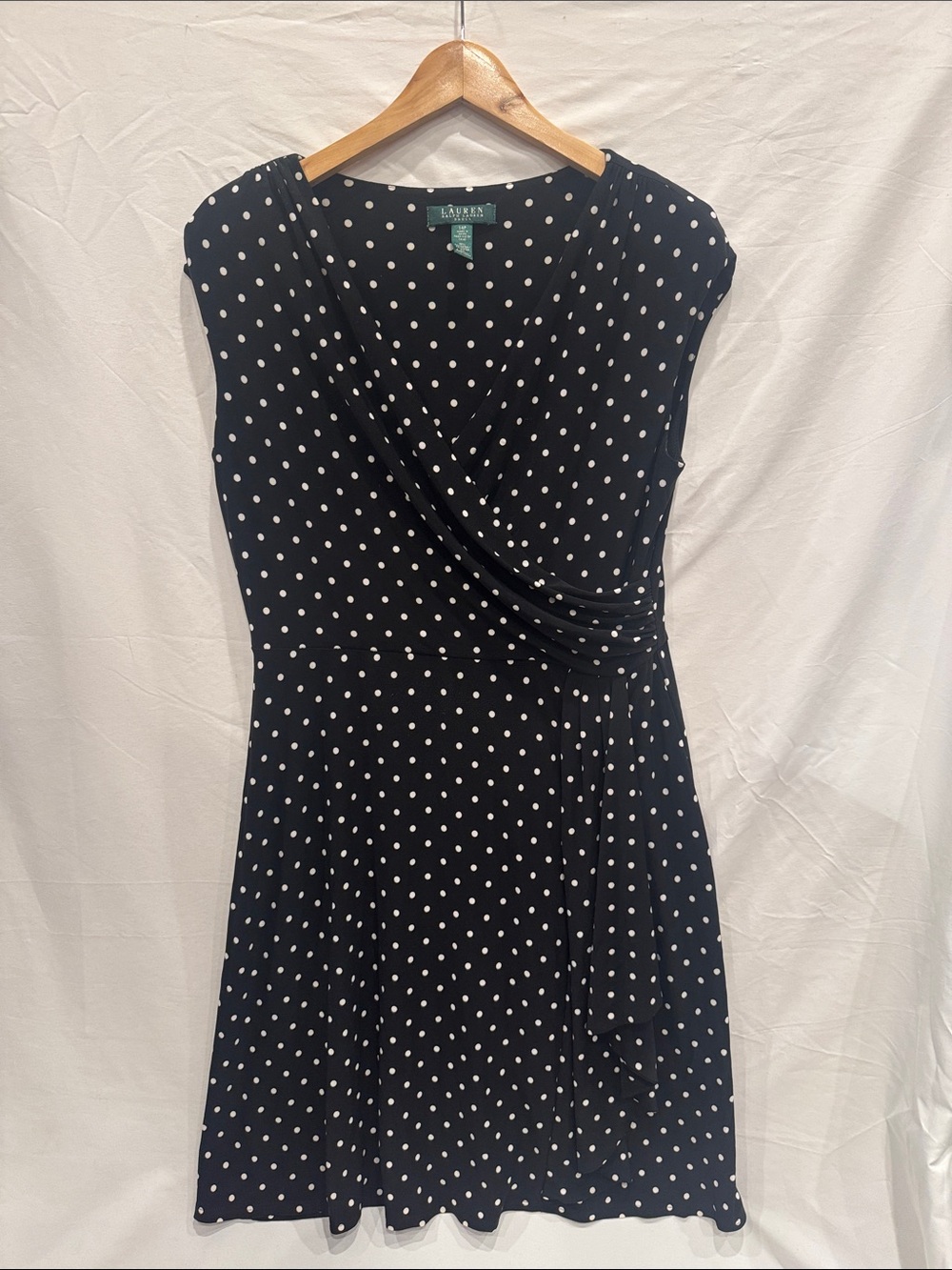 Ralph Lauren Black and White Polka Dot Wrap Mini Dress, Size XL